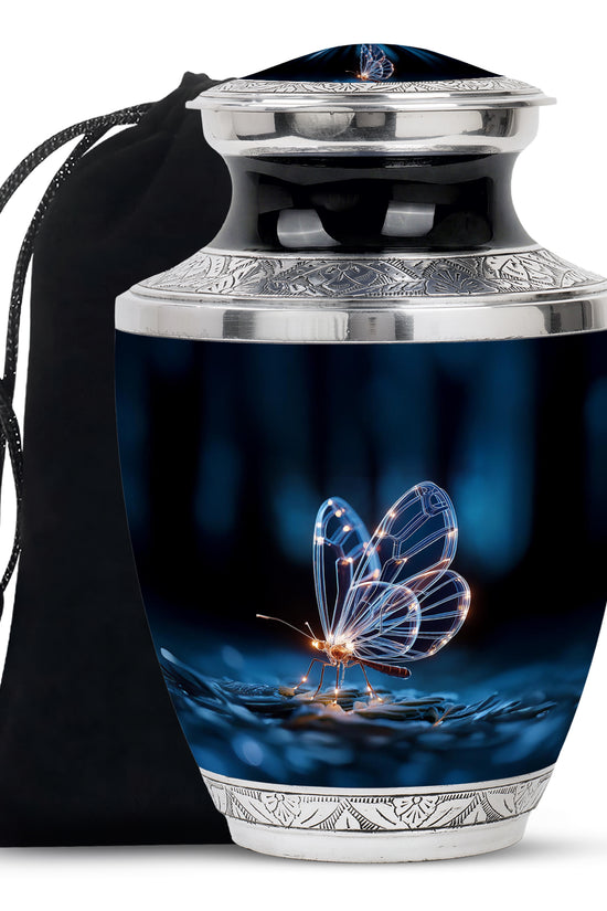 Jet Black Butterfly Cremation Urn side profile showing urn shape - modern art-inspired butterfly motif on sleek aluminum - full-size 10 inch 200 cubic inch adult cremation urn