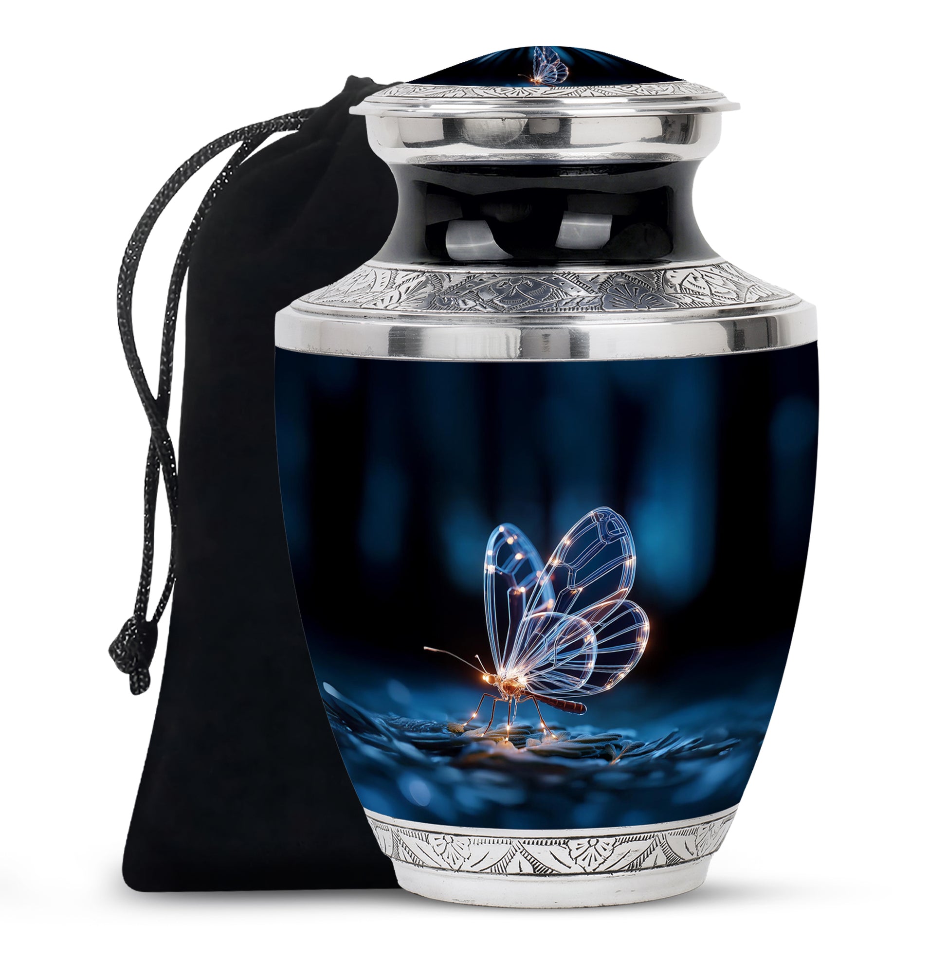 Jet Black Butterfly Cremation Urn side profile showing urn shape - modern art-inspired butterfly motif on sleek aluminum - full-size 10 inch 200 cubic inch adult cremation urn