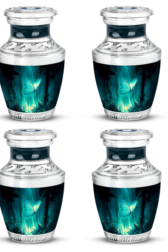 Mystic Teal Butterfly Cremation Urn back view with polished surface - artistic butterfly interpretation with creative detail - 10 inch aluminum urn for cremated remains