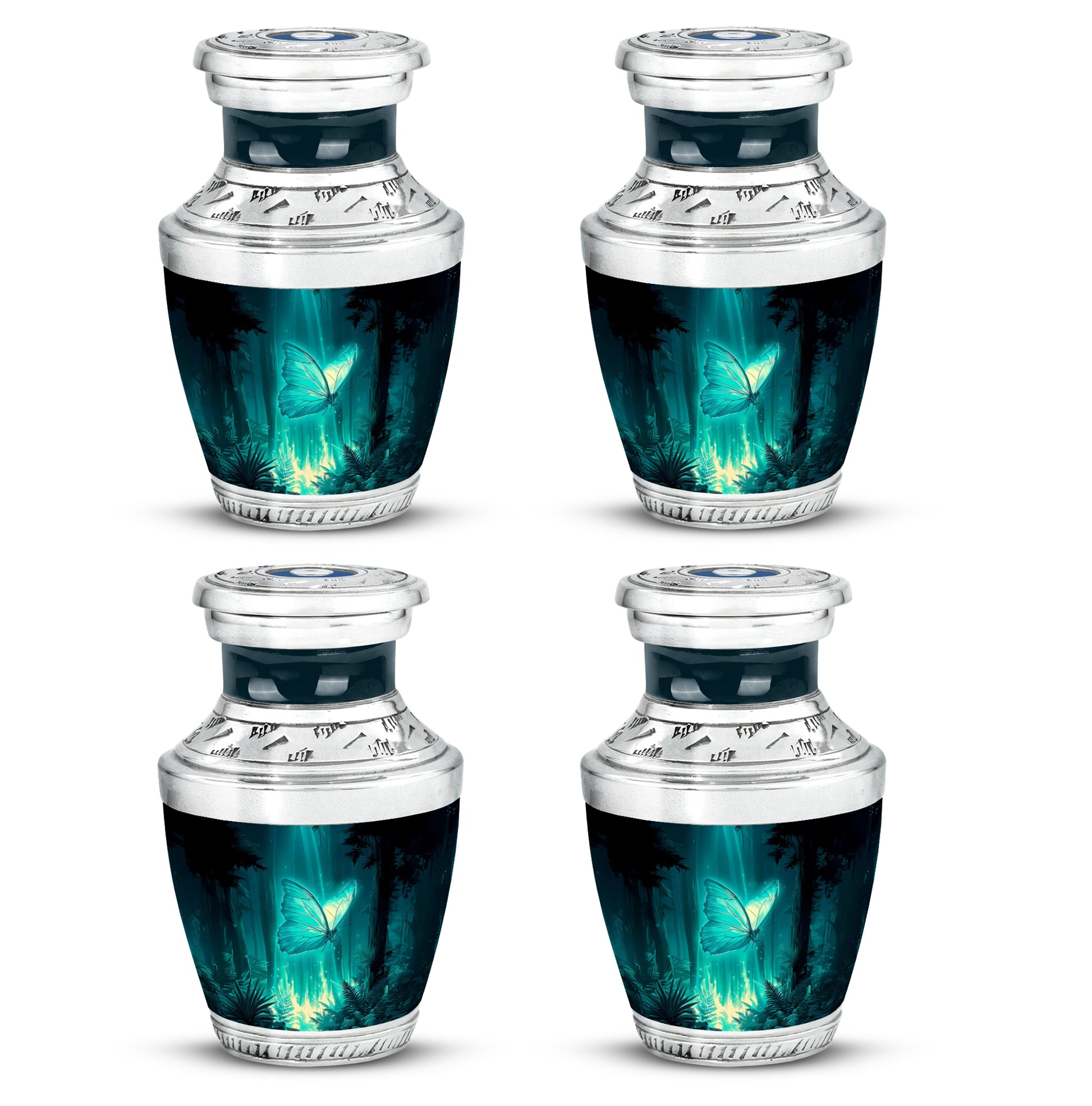 Mystic Teal Butterfly Cremation Urn back view with polished surface - artistic butterfly interpretation with creative detail - 10 inch aluminum urn for cremated remains