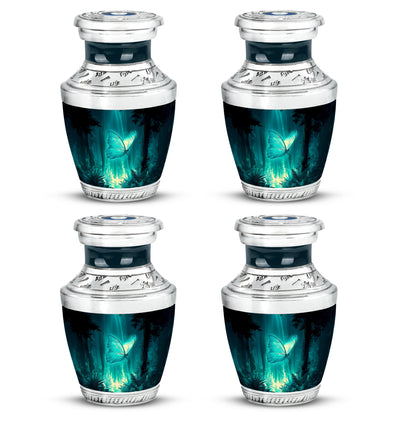 Mystic Teal Butterfly Cremation Urn back view with polished surface - artistic butterfly interpretation with creative detail - 10 inch aluminum urn for cremated remains