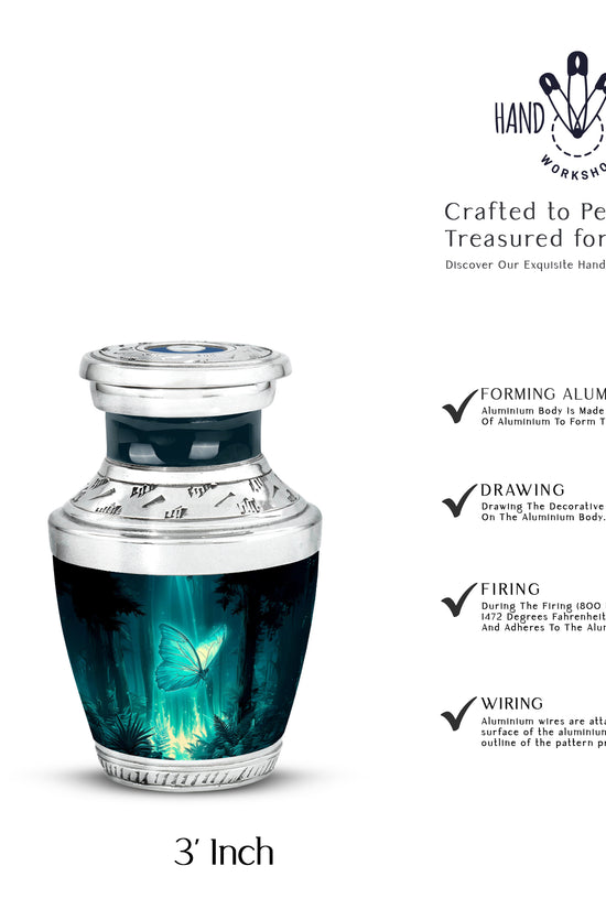 Tropical Teal Butterfly Cremation Urn top-down view of secure threaded lid - artistic butterfly interpretation with creative detail - mini keepsake memorial for portion of cremation ashes