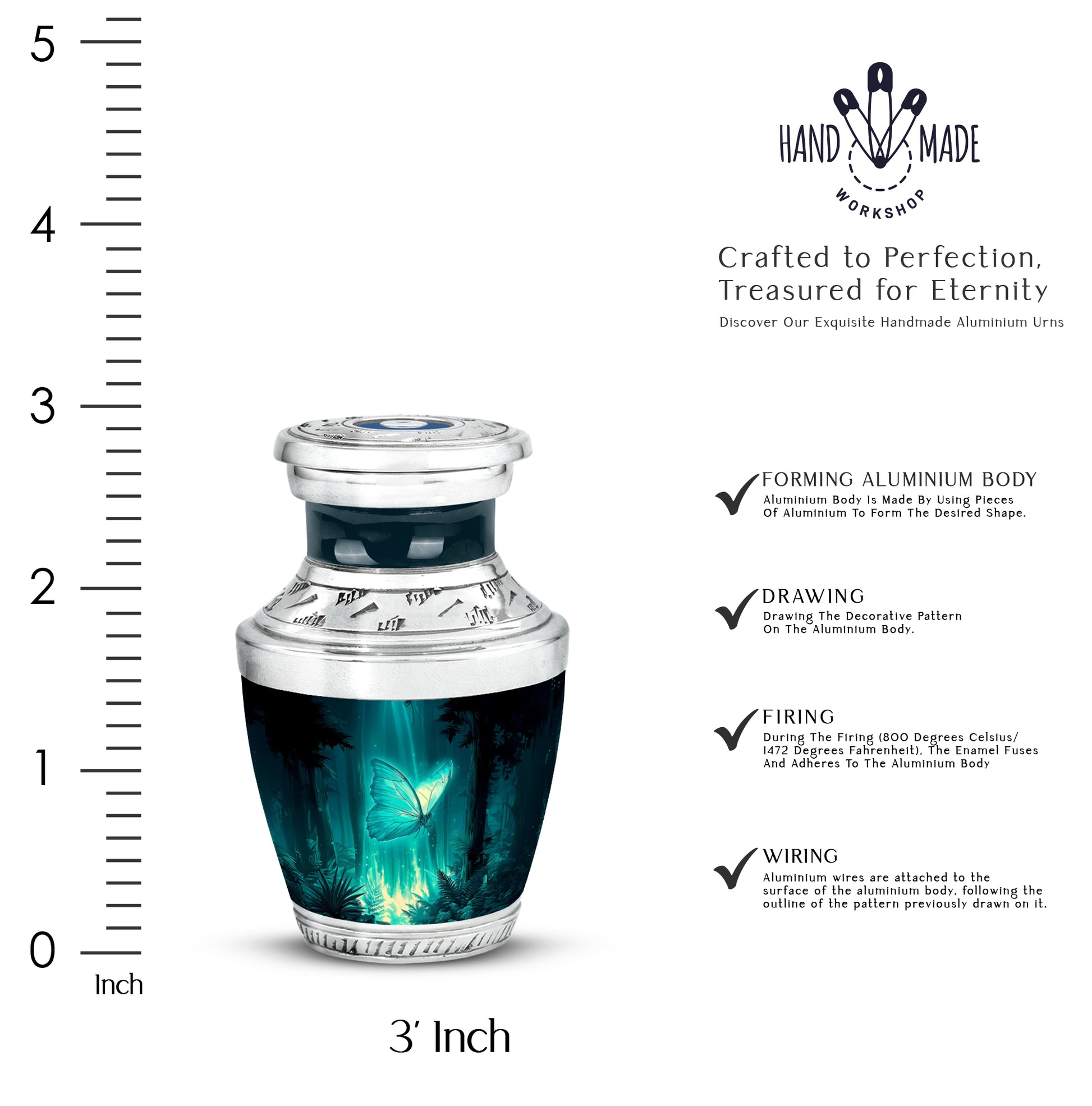 Tropical Teal Butterfly Cremation Urn top-down view of secure threaded lid - artistic butterfly interpretation with creative detail - mini keepsake memorial for portion of cremation ashes