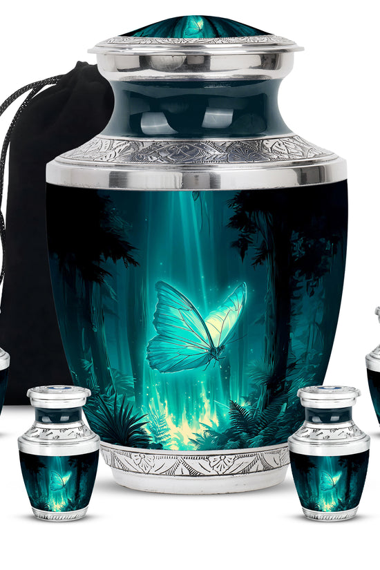 Aqua Teal Butterfly Cremation Urn lifestyle display on memorial shelf - stylized abstract butterfly pattern with bold lines - memorial set with one large and four small urns