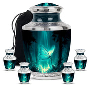 Aqua Teal Butterfly Cremation Urn lifestyle display on memorial shelf - stylized abstract butterfly pattern with bold lines - memorial set with one large and four small urns