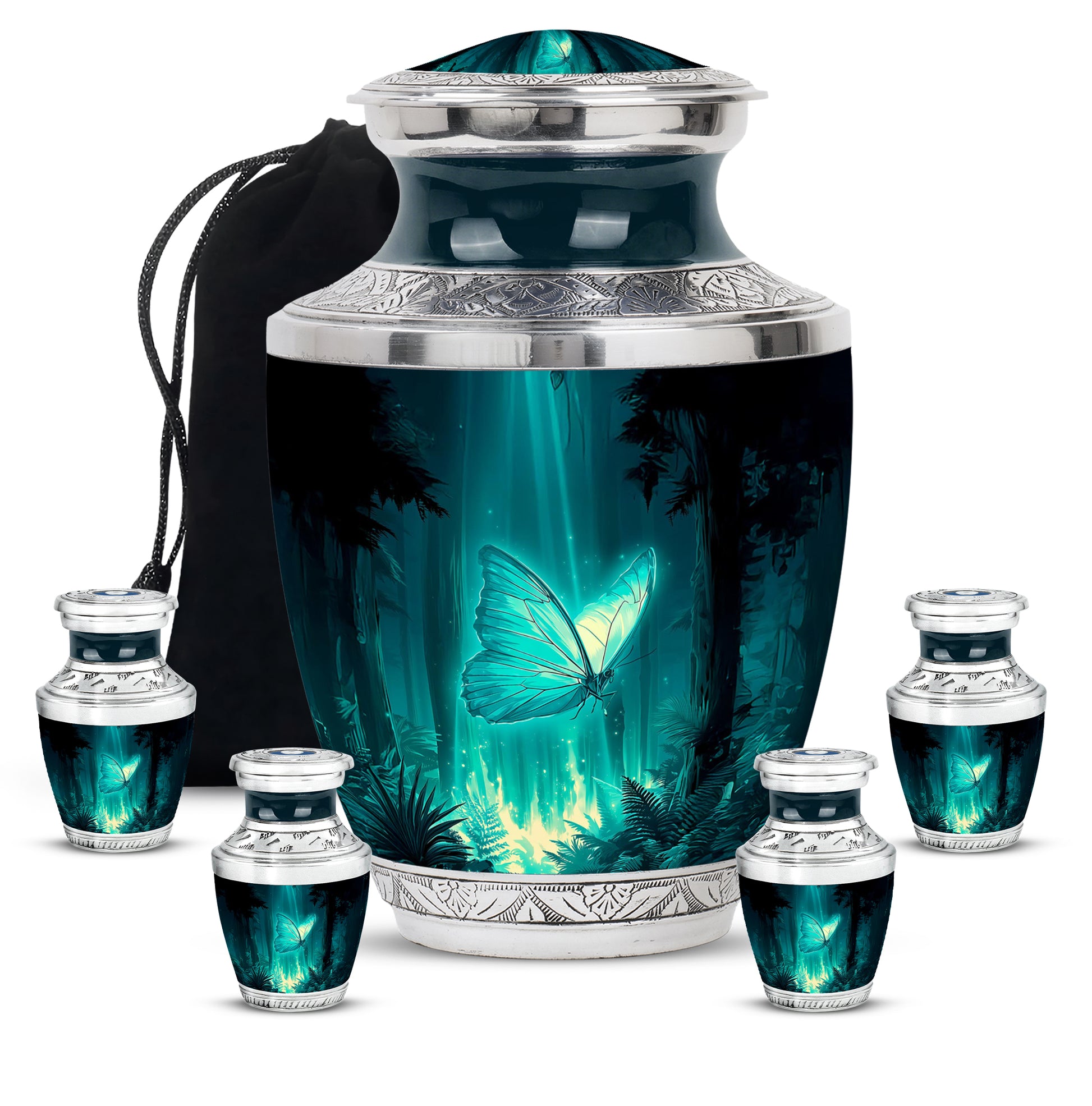 Aqua Teal Butterfly Cremation Urn lifestyle display on memorial shelf - stylized abstract butterfly pattern with bold lines - memorial set with one large and four small urns