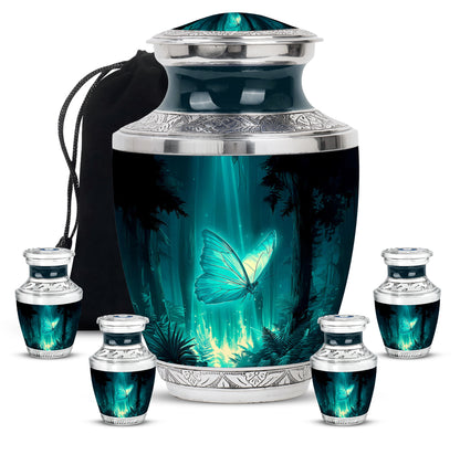 Aqua Teal Butterfly Cremation Urn lifestyle display on memorial shelf - stylized abstract butterfly pattern with bold lines - memorial set with one large and four small urns