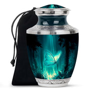 Ocean Teal Butterfly Cremation Urn side profile showing urn shape - contemporary butterfly design with modern artistic flair - full-size 10 inch 200 cubic inch adult cremation urn