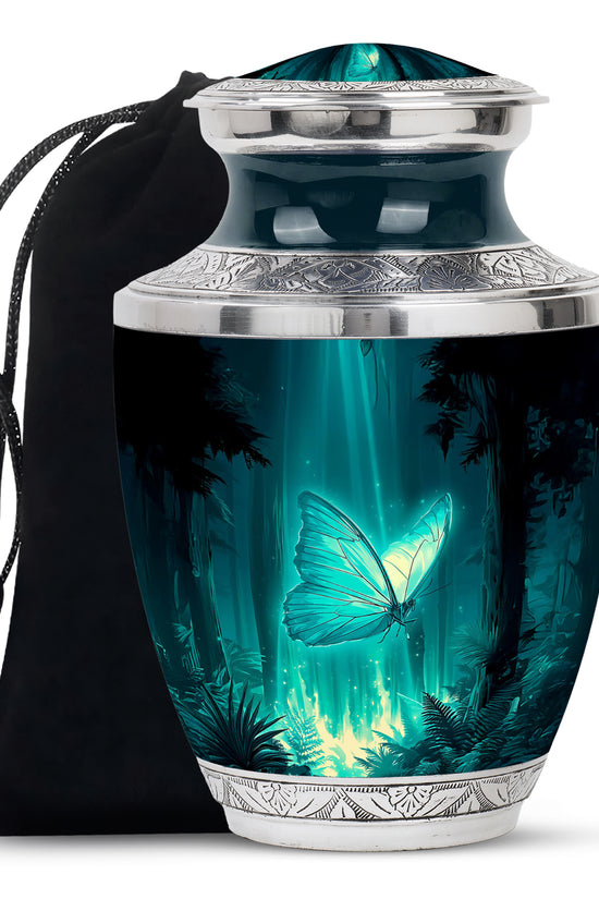 Ocean Teal Butterfly Cremation Urn side profile showing urn shape - contemporary butterfly design with modern artistic flair - full-size 10 inch 200 cubic inch adult cremation urn