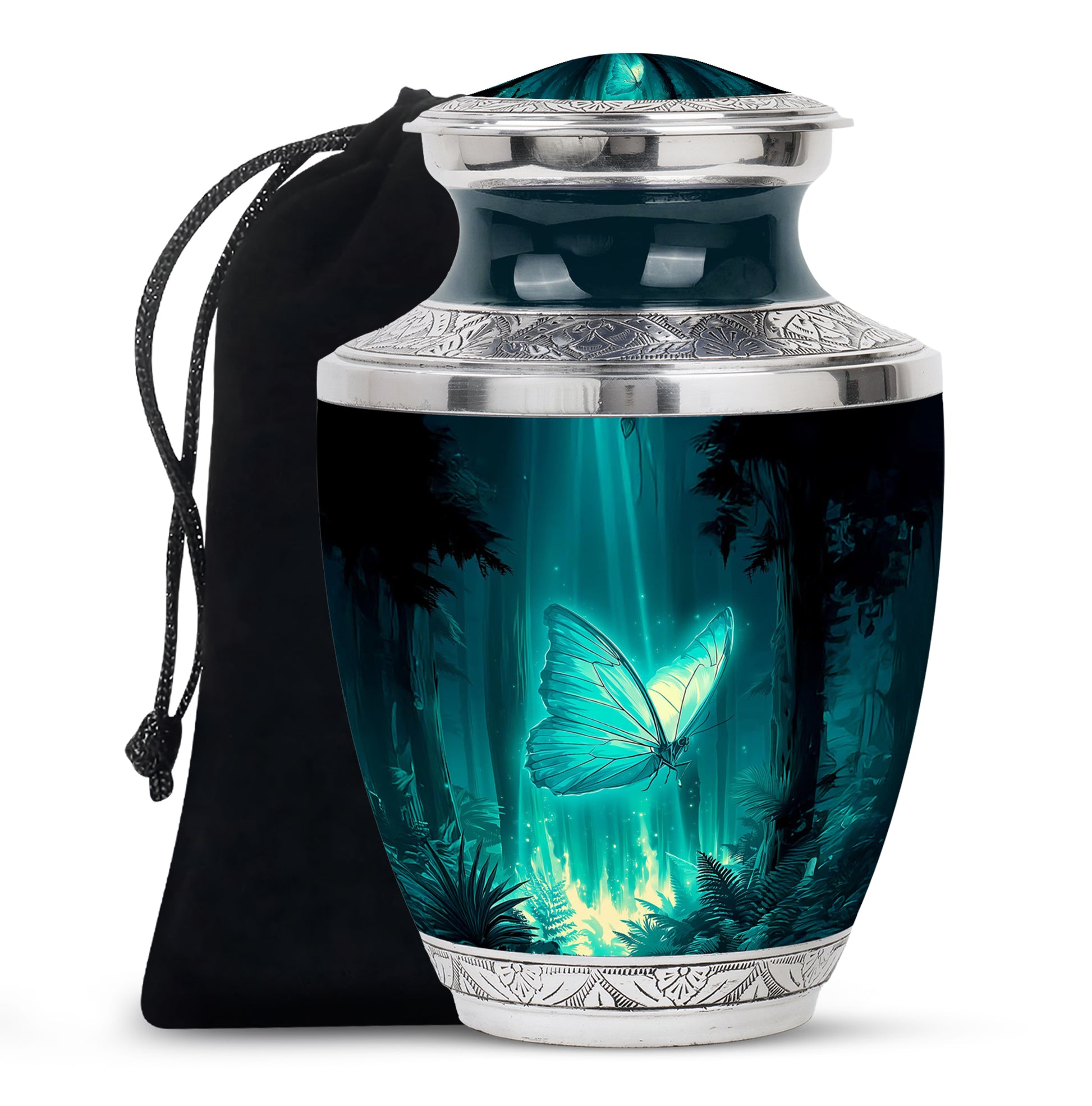 Ocean Teal Butterfly Cremation Urn side profile showing urn shape - contemporary butterfly design with modern artistic flair - full-size 10 inch 200 cubic inch adult cremation urn