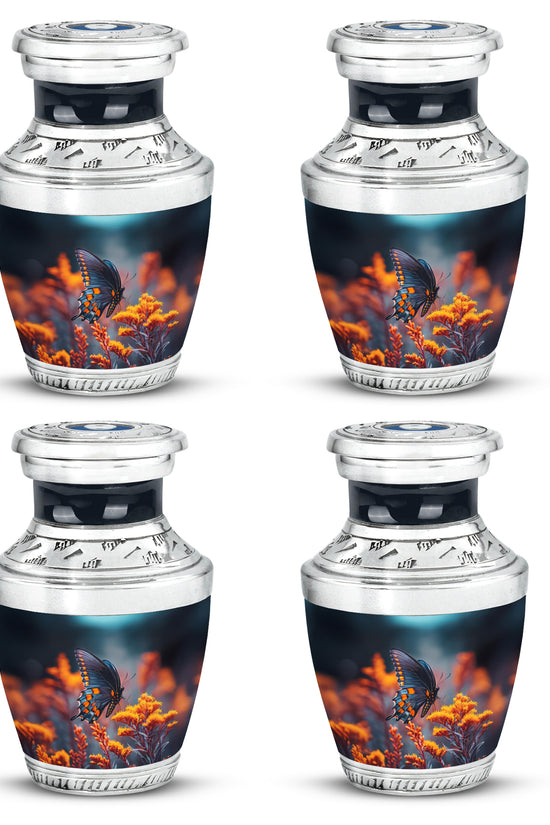 Sky Blue Butterfly Cremation Urn back view with polished surface - contemporary butterfly design with modern artistic flair - 10 inch aluminum urn for cremated remains