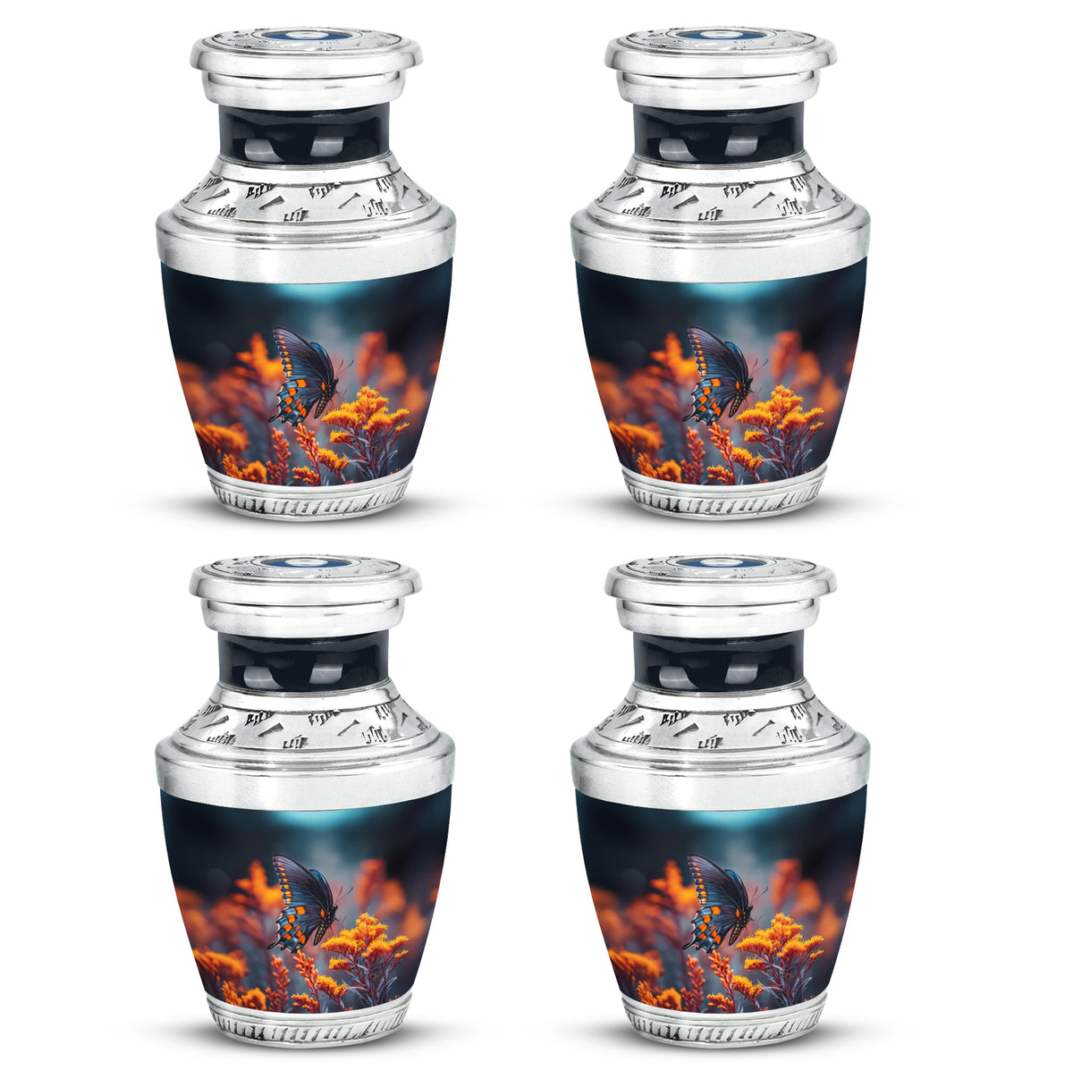 Sky Blue Butterfly Cremation Urn back view with polished surface - contemporary butterfly design with modern artistic flair - 10 inch aluminum urn for cremated remains