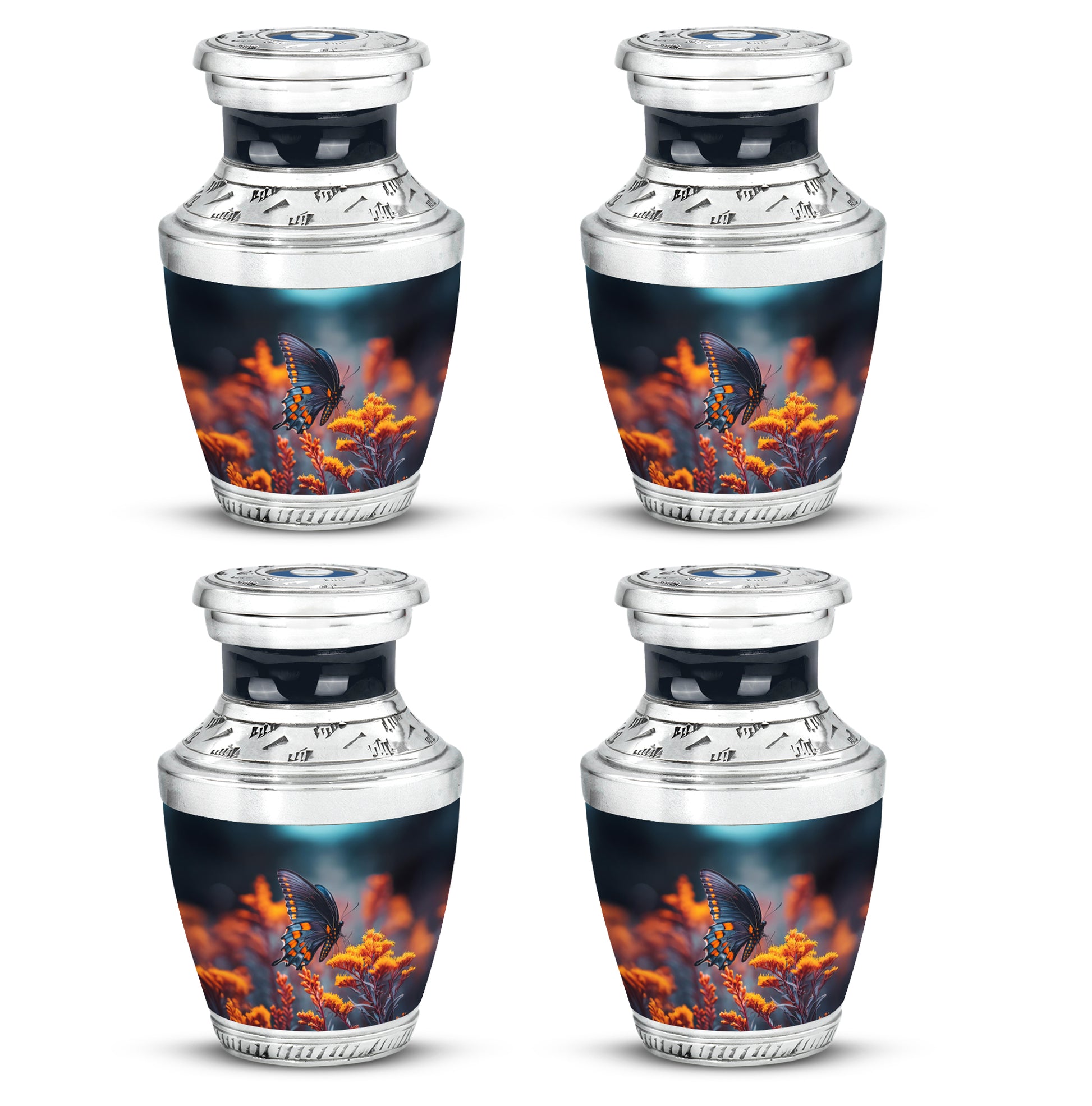 Sky Blue Butterfly Cremation Urn back view with polished surface - contemporary butterfly design with modern artistic flair - 10 inch aluminum urn for cremated remains
