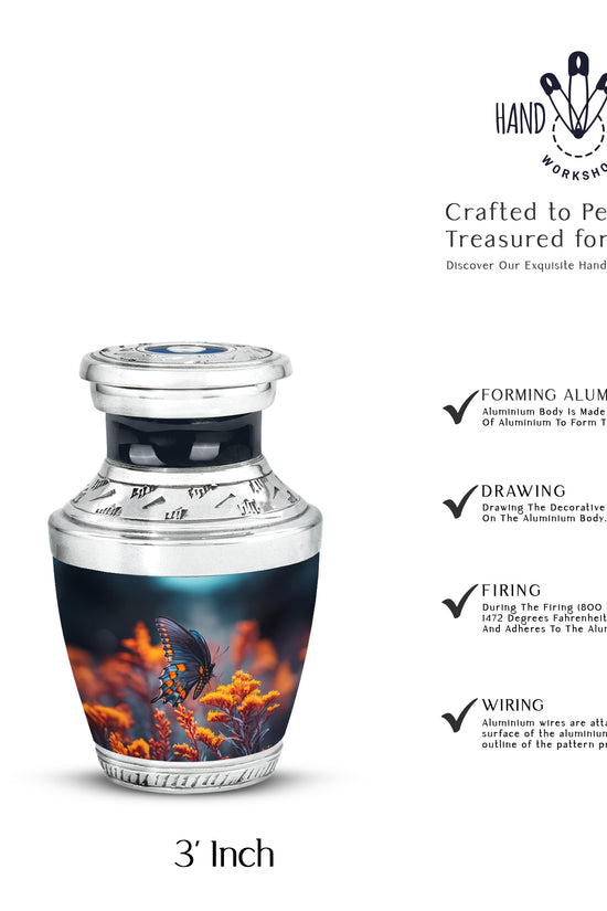 Royal Blue Butterfly Cremation Urn top-down view of secure threaded lid - artistic butterfly interpretation with creative detail - mini keepsake memorial for portion of cremation ashes