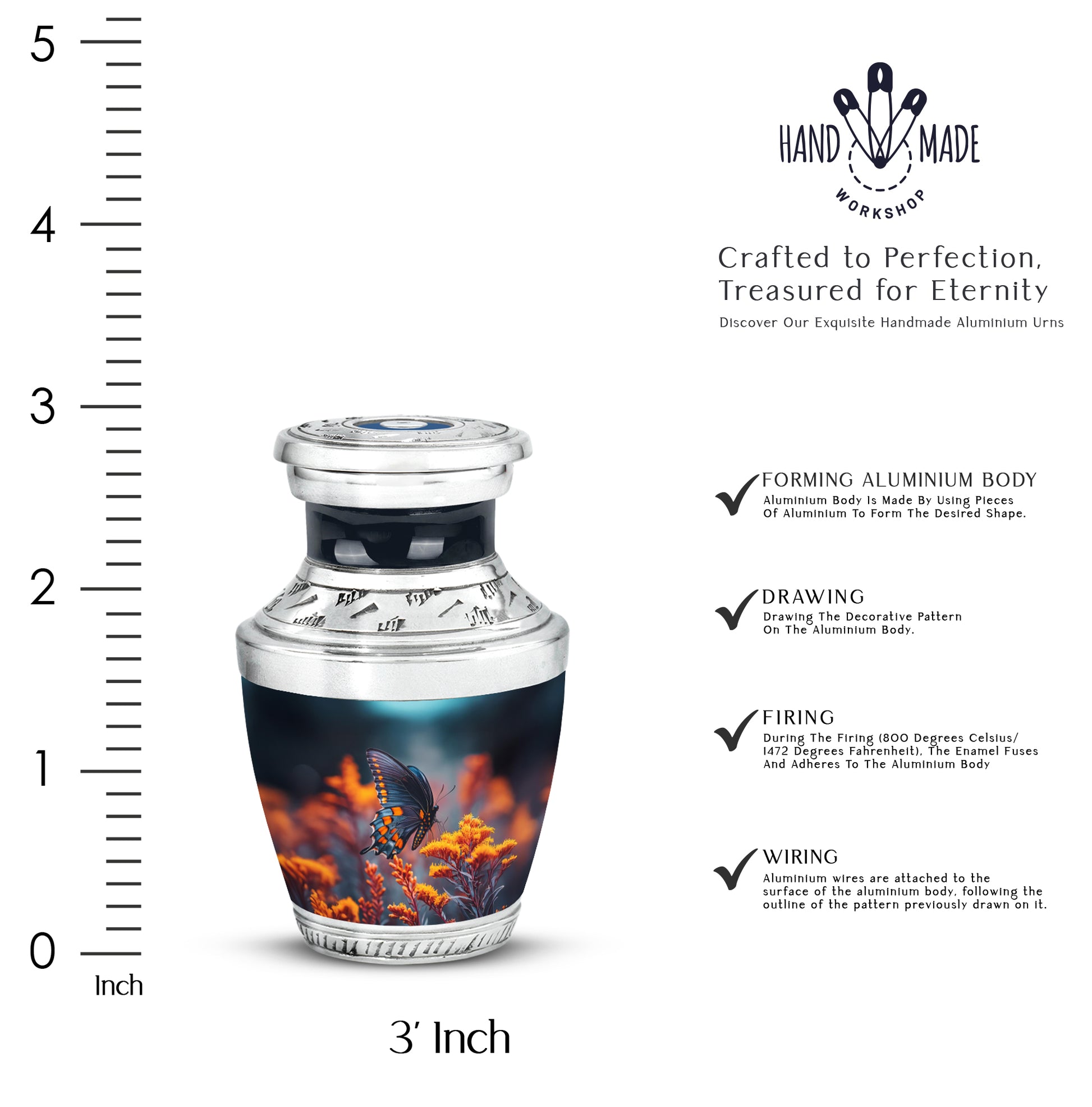 Royal Blue Butterfly Cremation Urn top-down view of secure threaded lid - artistic butterfly interpretation with creative detail - mini keepsake memorial for portion of cremation ashes