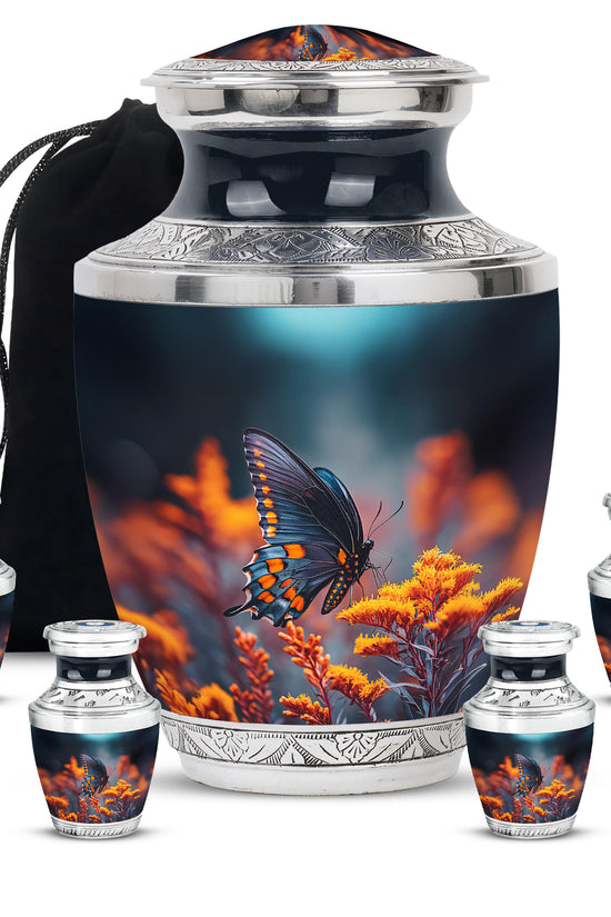 Serene Blue Butterfly Cremation Urn lifestyle display on memorial shelf - artistic butterfly interpretation with creative detail - memorial set with one large and four small urns