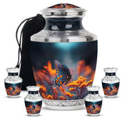 Serene Blue Butterfly Cremation Urn lifestyle display on memorial shelf - artistic butterfly interpretation with creative detail - memorial set with one large and four small urns