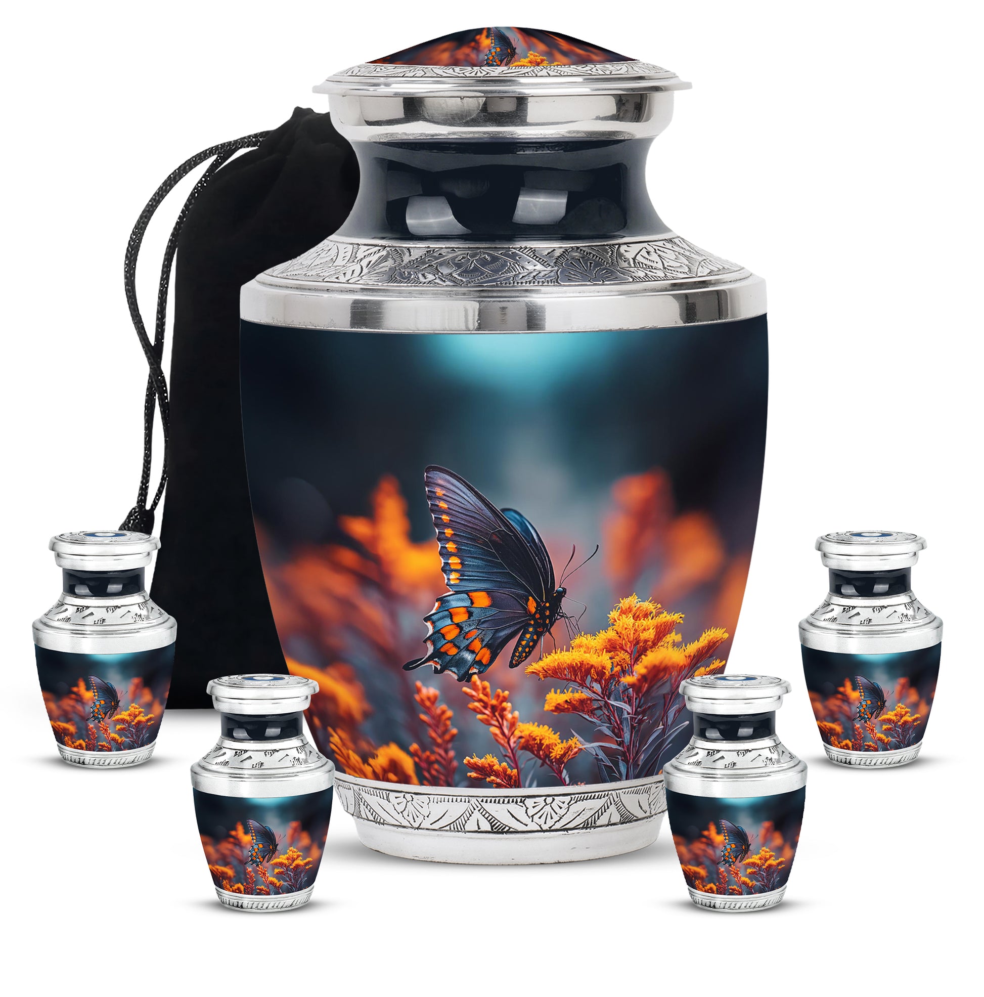 Serene Blue Butterfly Cremation Urn lifestyle display on memorial shelf - artistic butterfly interpretation with creative detail - memorial set with one large and four small urns