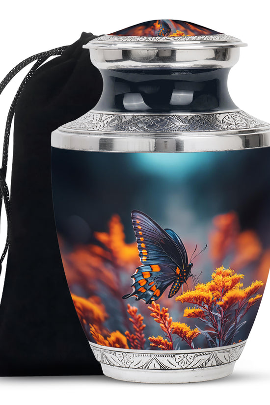 Cornflower Blue Butterfly Cremation Urn side profile showing urn shape - stylized abstract butterfly pattern with bold lines - full-size 10 inch 200 cubic inch adult cremation urn