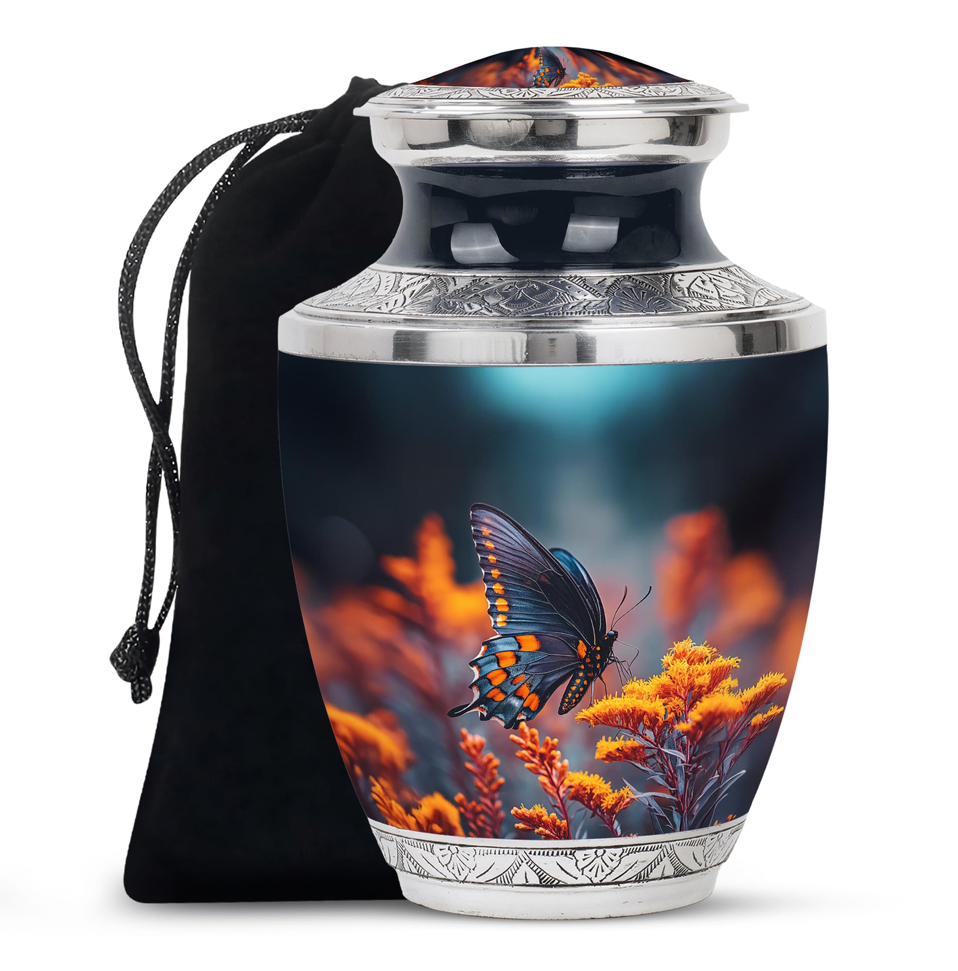 Cornflower Blue Butterfly Cremation Urn side profile showing urn shape - stylized abstract butterfly pattern with bold lines - full-size 10 inch 200 cubic inch adult cremation urn