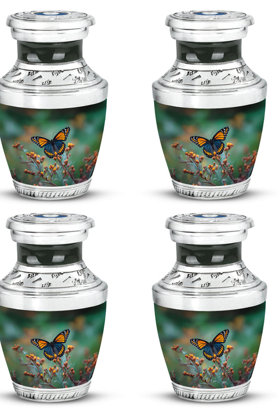 Olive Green Butterfly Cremation Urn back view with polished surface - stylized abstract butterfly pattern with bold lines - 10 inch aluminum urn for cremated remains