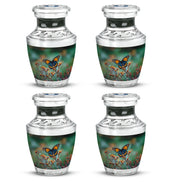 Olive Green Butterfly Cremation Urn back view with polished surface - stylized abstract butterfly pattern with bold lines - 10 inch aluminum urn for cremated remains