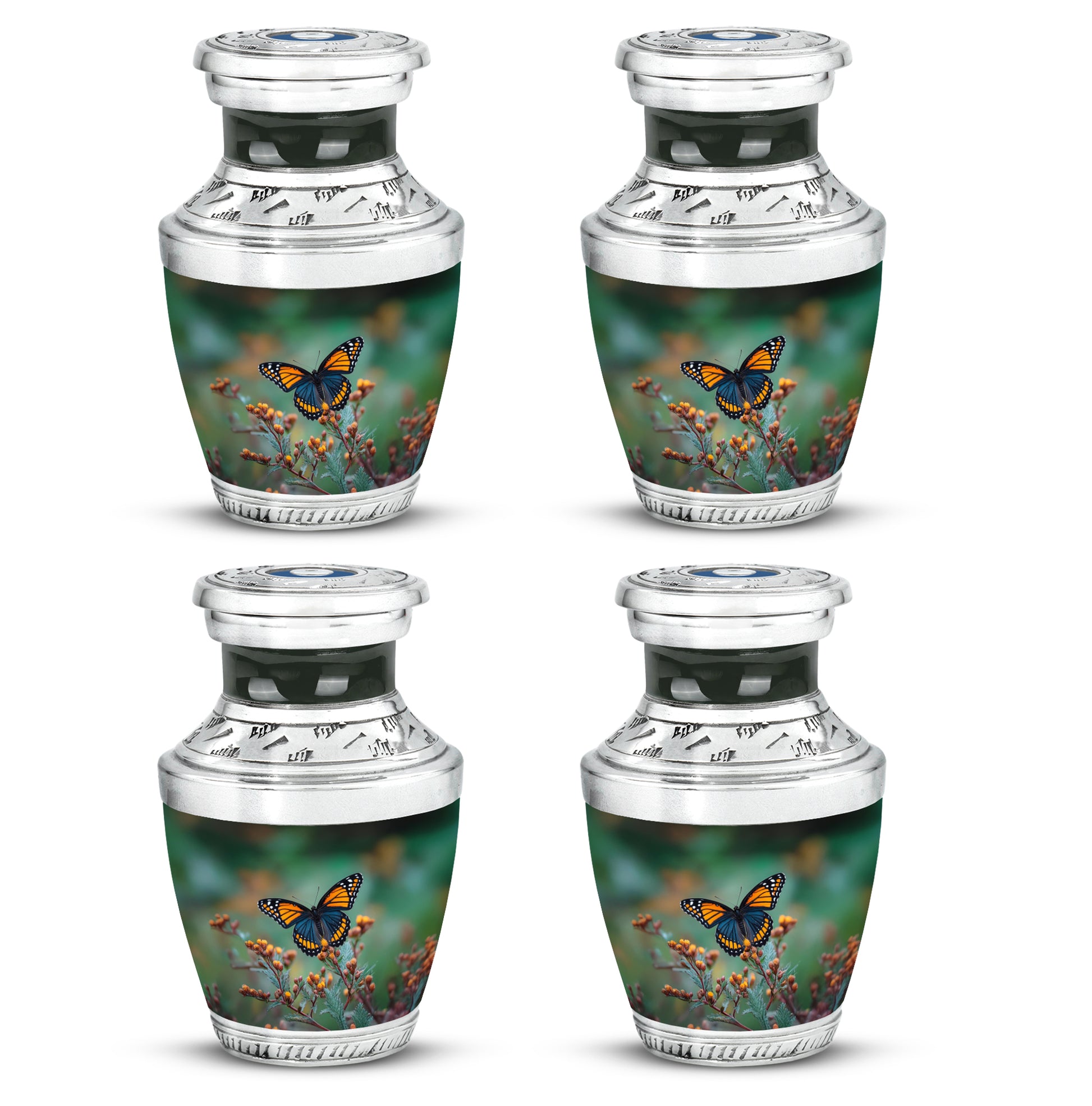 Olive Green Butterfly Cremation Urn back view with polished surface - stylized abstract butterfly pattern with bold lines - 10 inch aluminum urn for cremated remains