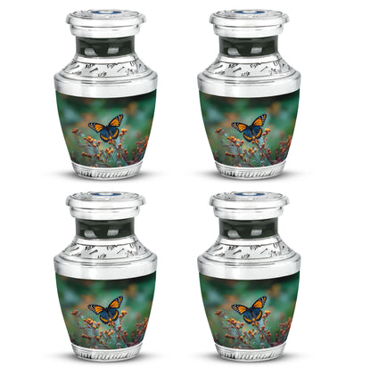 Olive Green Butterfly Cremation Urn back view with polished surface - stylized abstract butterfly pattern with bold lines - 10 inch aluminum urn for cremated remains