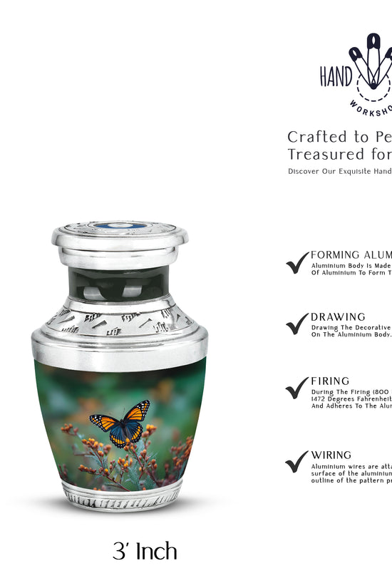 Jade Green Butterfly Cremation Urn top-down view of secure threaded lid - modern art-inspired butterfly motif on sleek aluminum - mini keepsake memorial for portion of cremation ashes