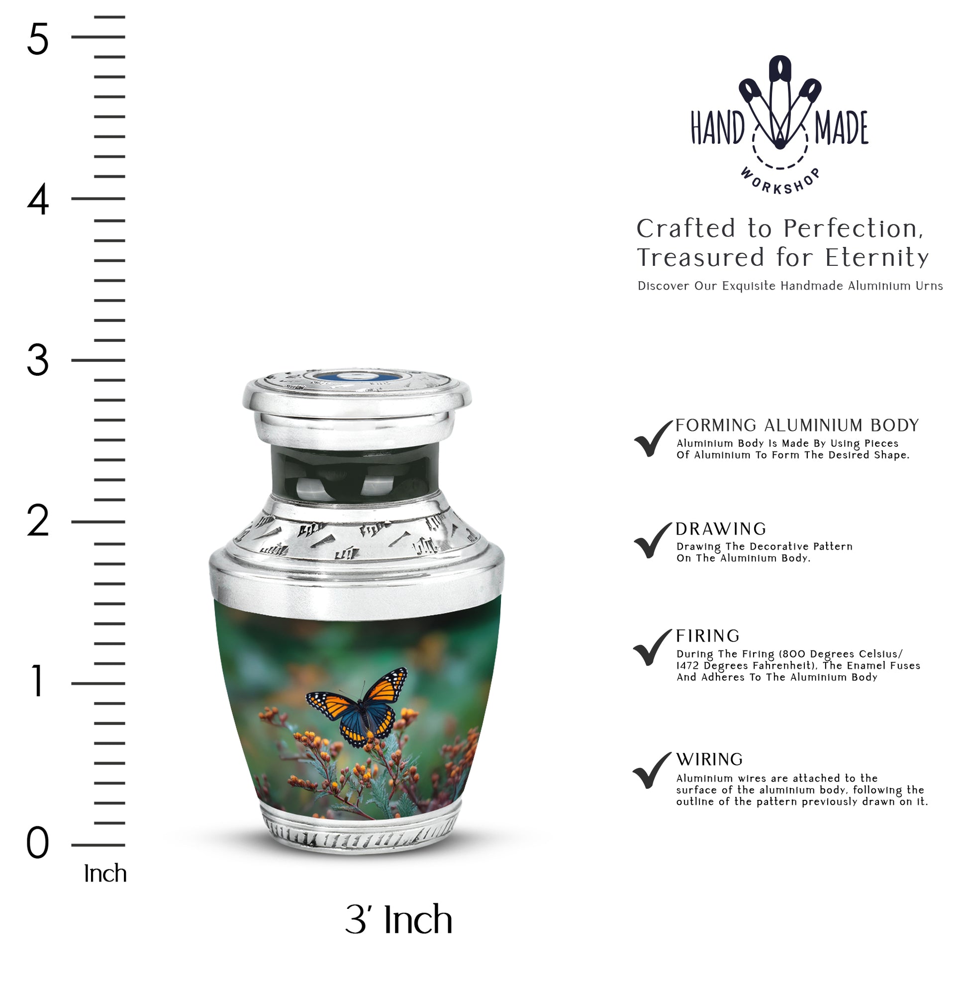 Jade Green Butterfly Cremation Urn top-down view of secure threaded lid - modern art-inspired butterfly motif on sleek aluminum - mini keepsake memorial for portion of cremation ashes