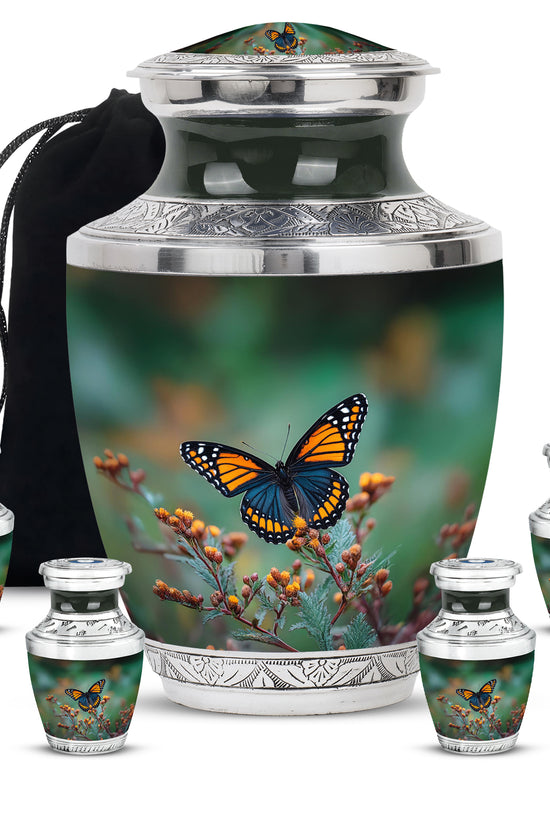 Pine Green Butterfly Cremation Urn lifestyle display on memorial shelf - artistic butterfly interpretation with creative detail - memorial set with one large and four small urns