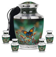 Pine Green Butterfly Cremation Urn lifestyle display on memorial shelf - artistic butterfly interpretation with creative detail - memorial set with one large and four small urns