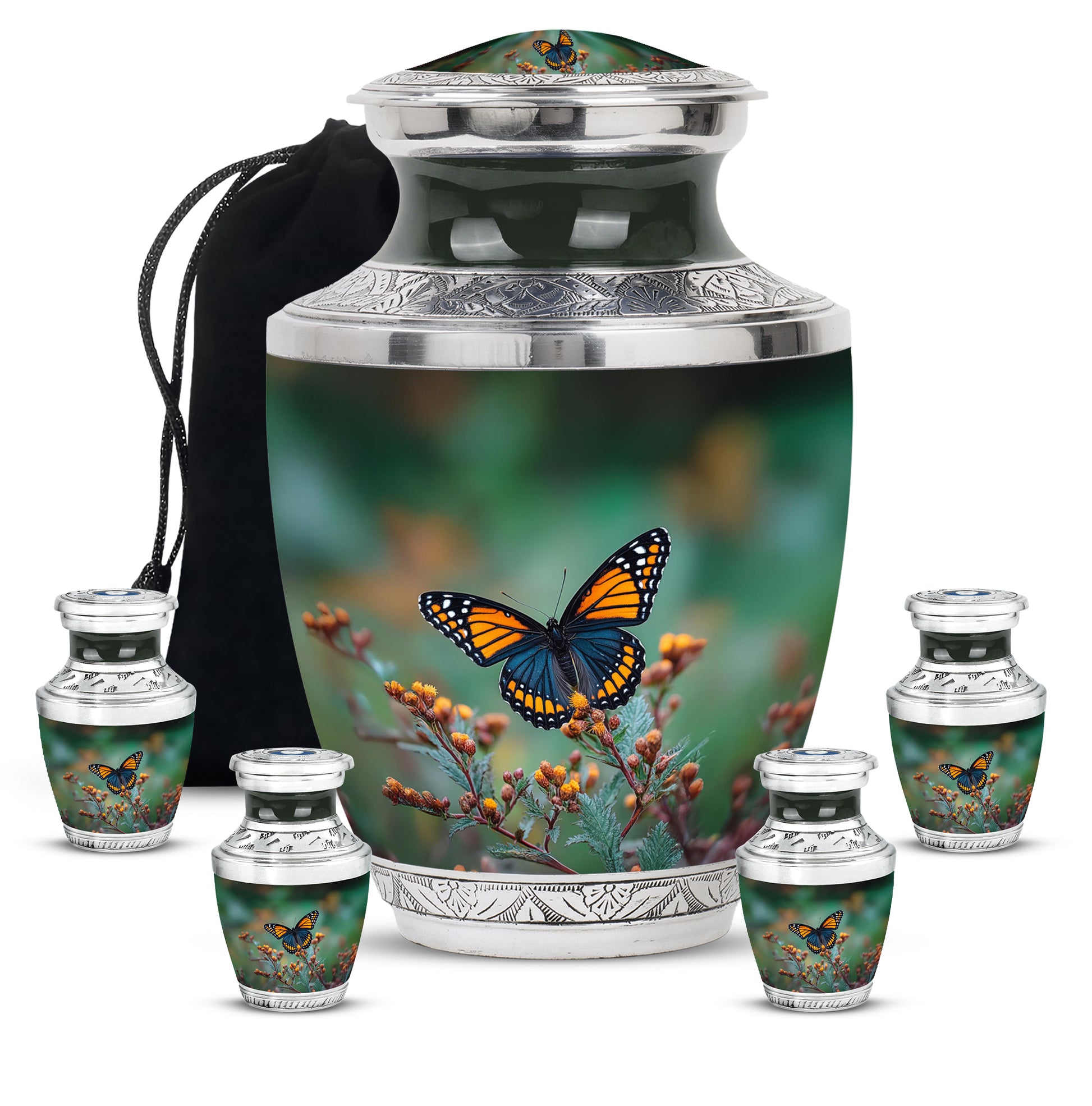 Pine Green Butterfly Cremation Urn lifestyle display on memorial shelf - artistic butterfly interpretation with creative detail - memorial set with one large and four small urns