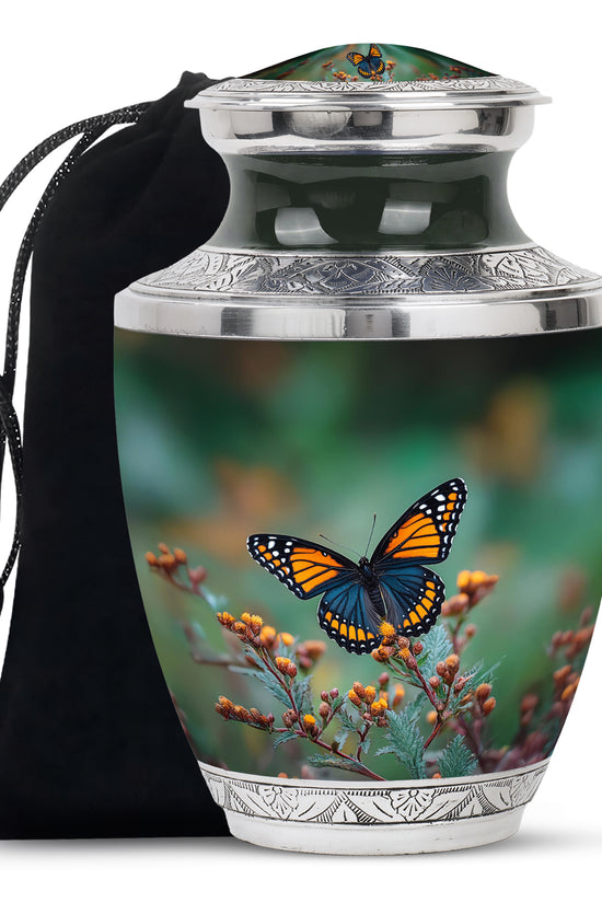Moss Green Butterfly Cremation Urn side profile showing urn shape - contemporary butterfly design with modern artistic flair - full-size 10 inch 200 cubic inch adult cremation urn