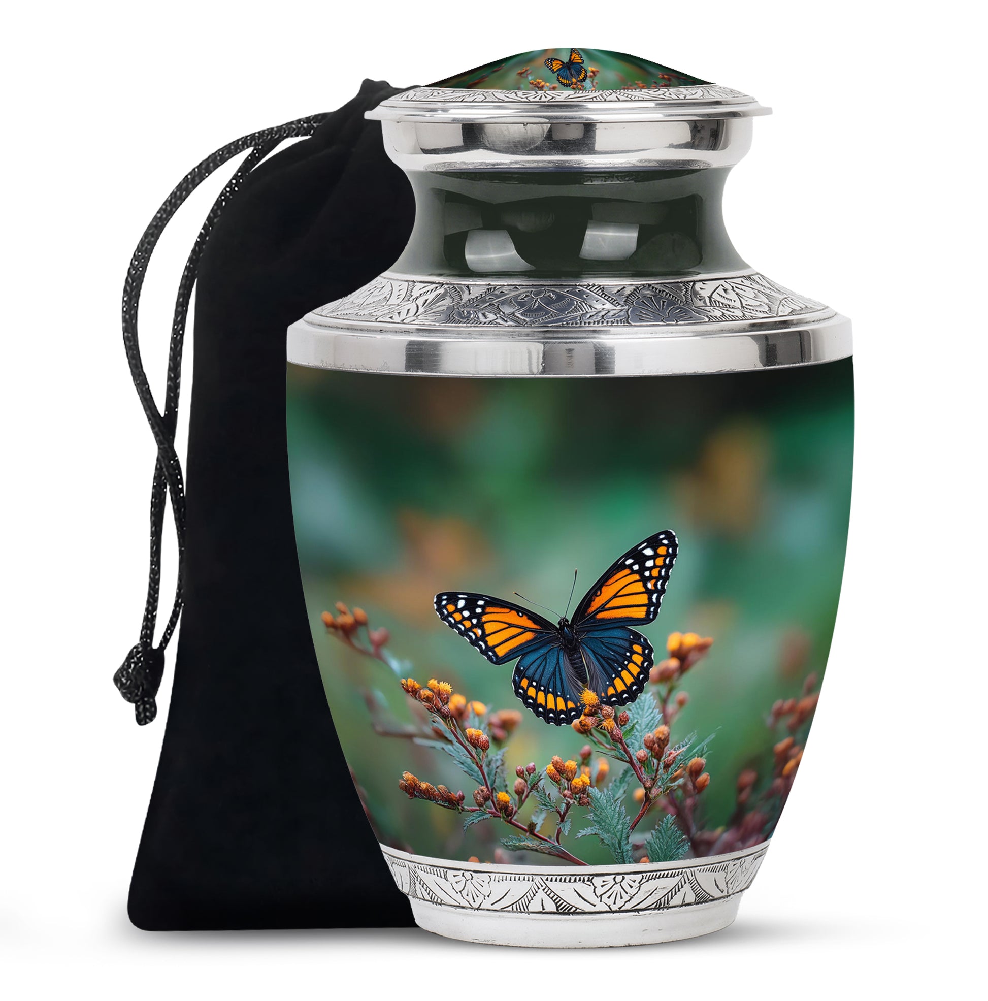Moss Green Butterfly Cremation Urn side profile showing urn shape - contemporary butterfly design with modern artistic flair - full-size 10 inch 200 cubic inch adult cremation urn