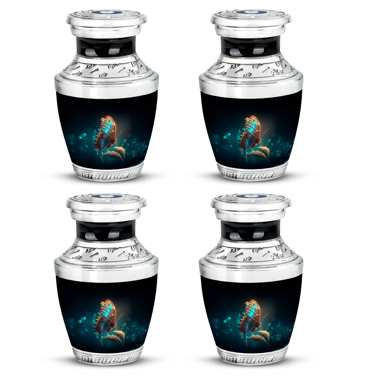 Midnight Black Butterfly Cremation Urn back view with polished surface - stylized abstract butterfly pattern with bold lines - 10 inch aluminum urn for cremated remains