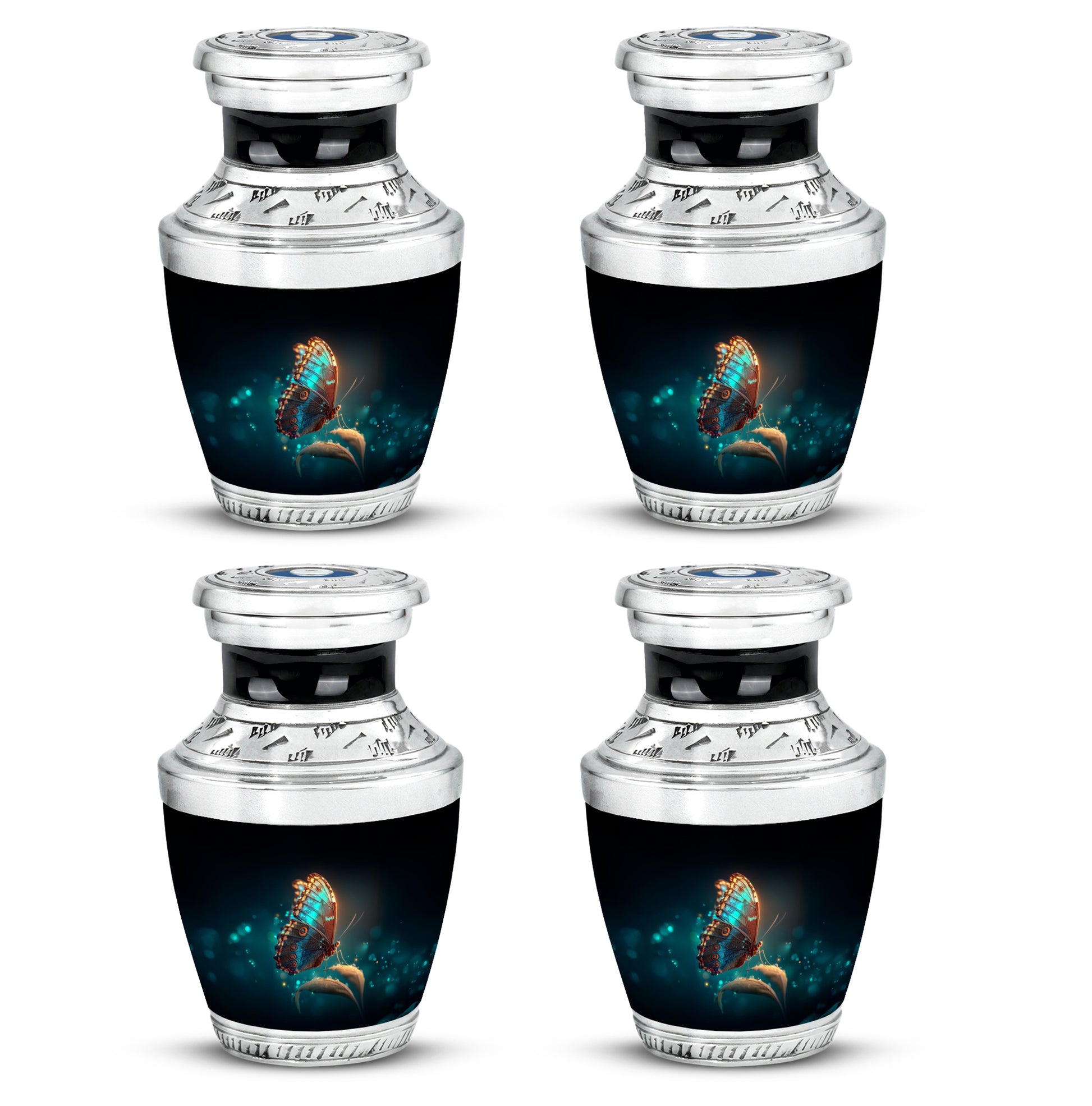 Midnight Black Butterfly Cremation Urn back view with polished surface - stylized abstract butterfly pattern with bold lines - 10 inch aluminum urn for cremated remains