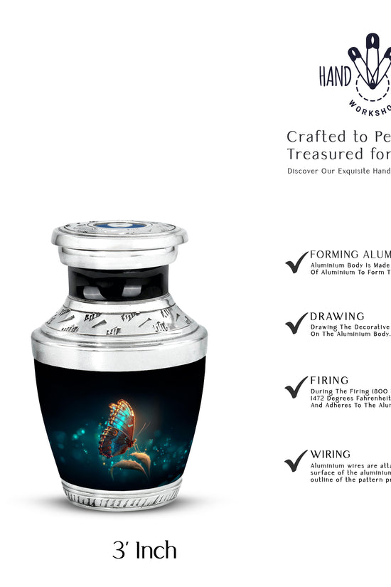 Ebony Butterfly Cremation Urn top-down view of secure threaded lid - modern art-inspired butterfly motif on sleek aluminum - mini keepsake memorial for portion of cremation ashes