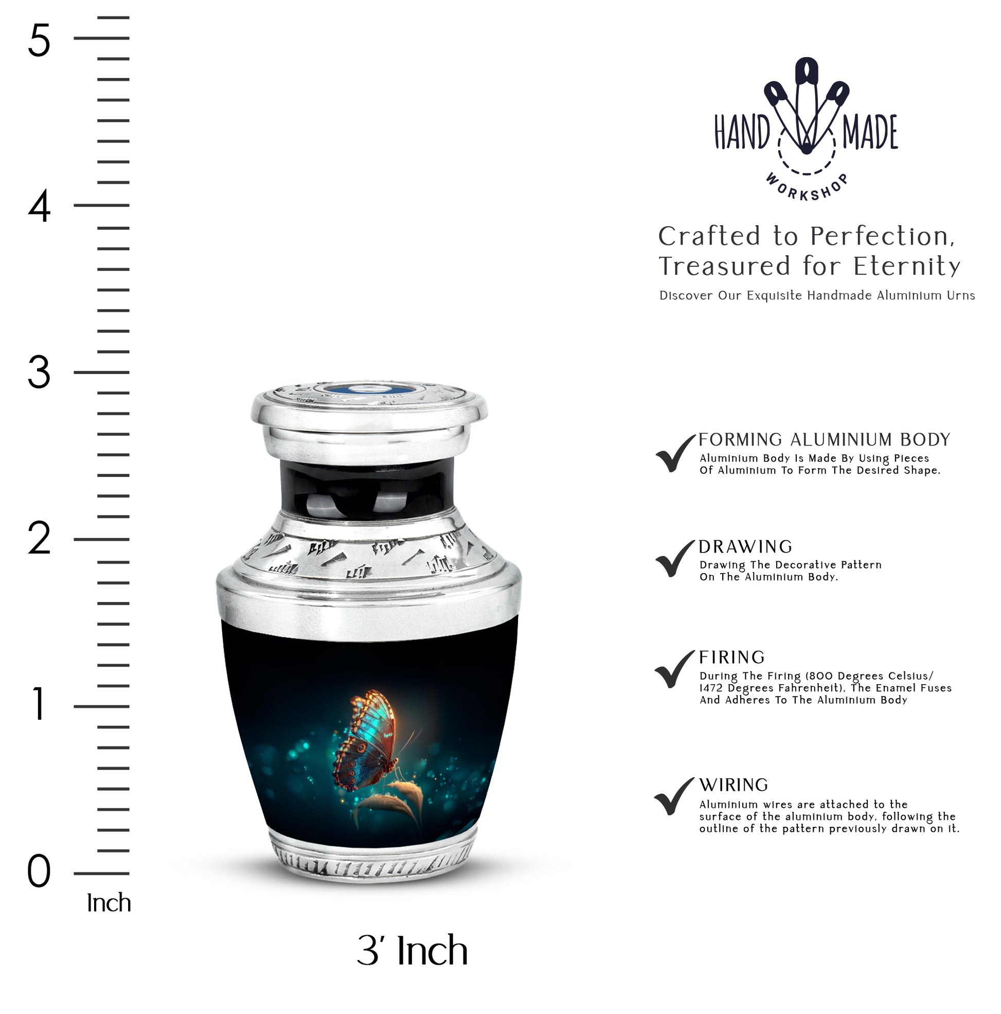Ebony Butterfly Cremation Urn top-down view of secure threaded lid - modern art-inspired butterfly motif on sleek aluminum - mini keepsake memorial for portion of cremation ashes