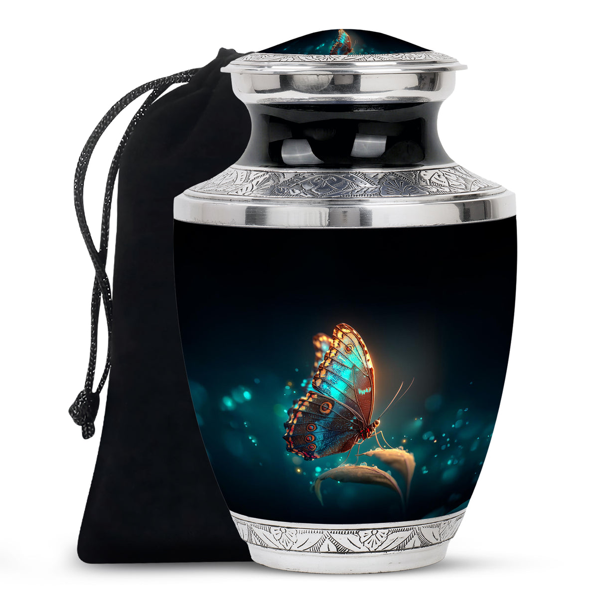 Charcoal Black Butterfly Cremation Urn side profile showing urn shape - stylized abstract butterfly pattern with bold lines - full-size 10 inch 200 cubic inch adult cremation urn