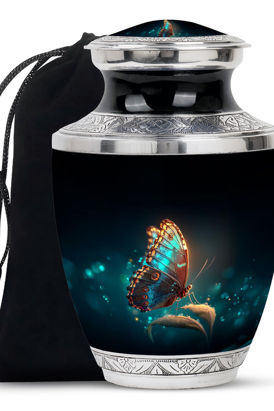 Charcoal Black Butterfly Cremation Urn side profile showing urn shape - stylized abstract butterfly pattern with bold lines - full-size 10 inch 200 cubic inch adult cremation urn