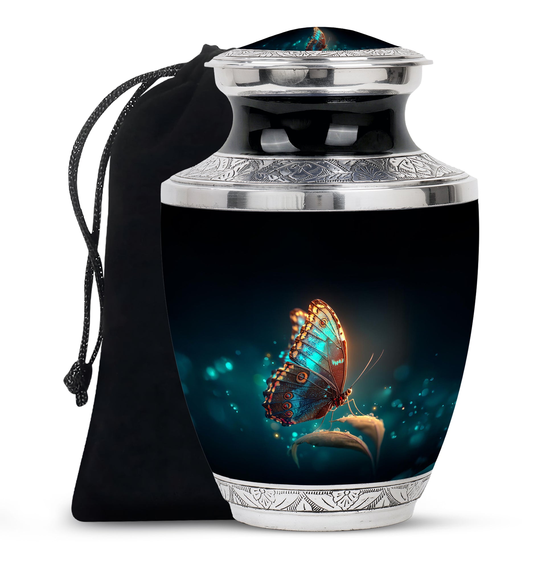 Charcoal Black Butterfly Cremation Urn side profile showing urn shape - stylized abstract butterfly pattern with bold lines - full-size 10 inch 200 cubic inch adult cremation urn