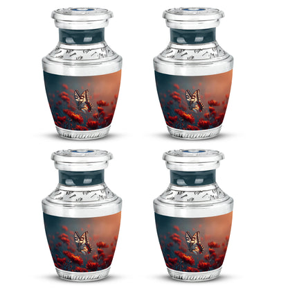 Steel Blue Butterfly Cremation Urn back view with polished surface - artistic butterfly interpretation with creative detail - 10 inch aluminum urn for cremated remains