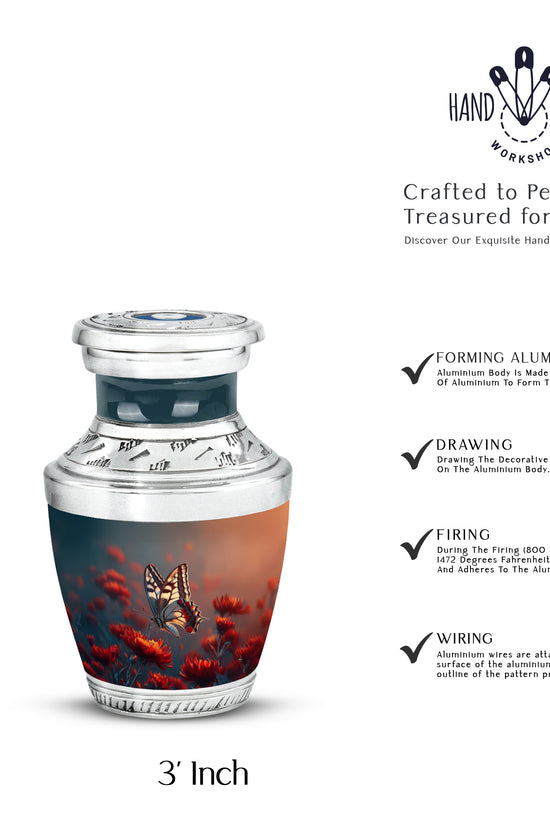 Serene Blue Butterfly Cremation Urn top-down view of secure threaded lid - artistic butterfly interpretation with creative detail - mini keepsake memorial for portion of cremation ashes