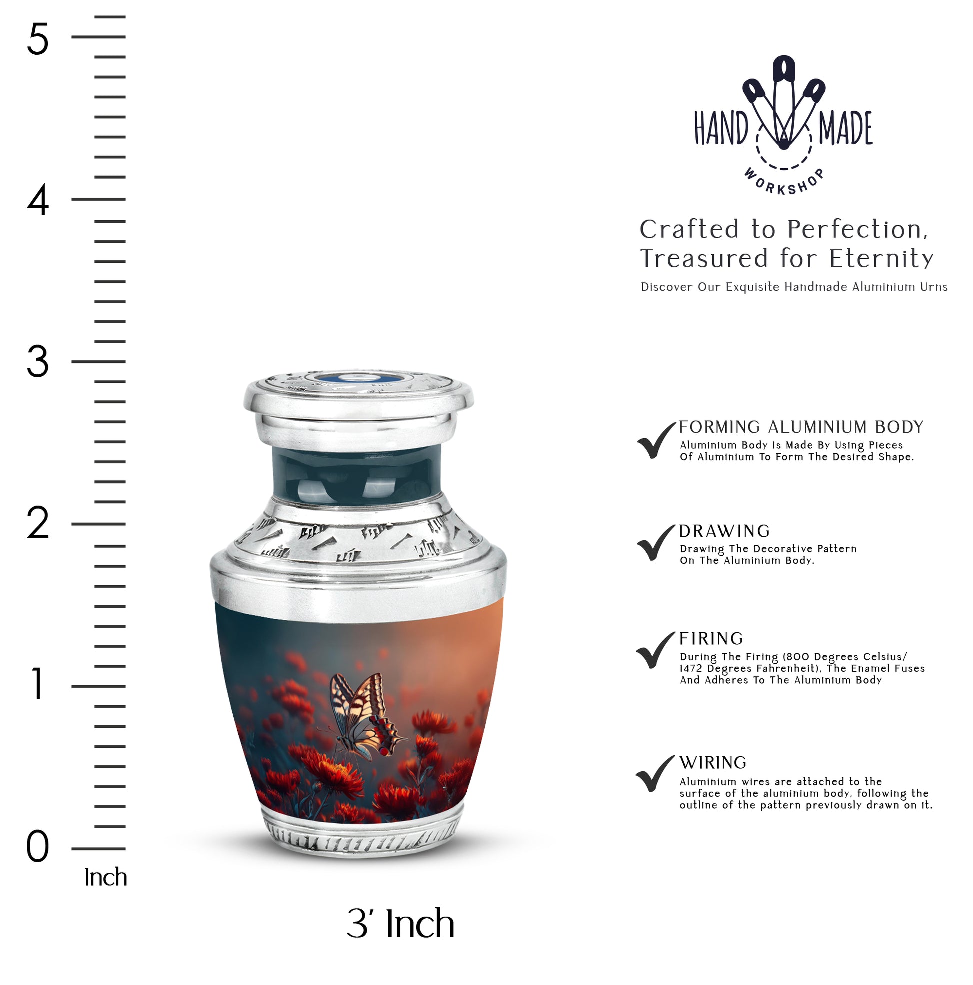 Serene Blue Butterfly Cremation Urn top-down view of secure threaded lid - artistic butterfly interpretation with creative detail - mini keepsake memorial for portion of cremation ashes