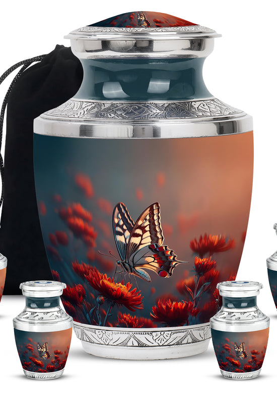 Cornflower Blue Butterfly Cremation Urn lifestyle display on memorial shelf - artistic butterfly interpretation with creative detail - memorial set with one large and four small urns