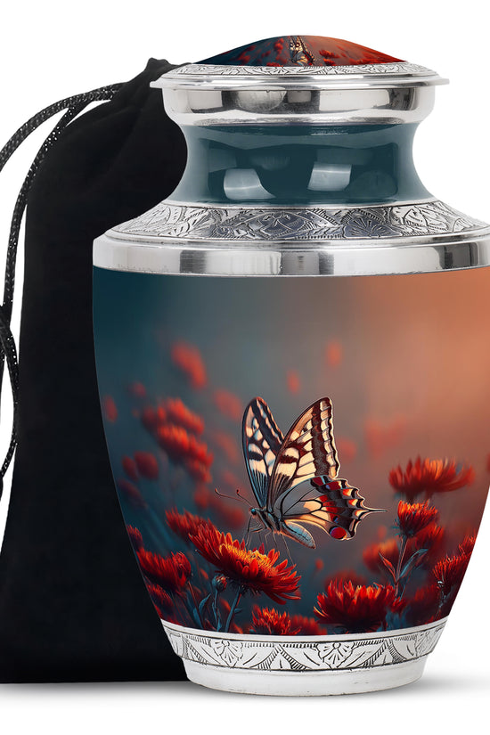 Vivid Blue Butterfly Cremation Urn side profile showing urn shape - stylized abstract butterfly pattern with bold lines - full-size 10 inch 200 cubic inch adult cremation urn