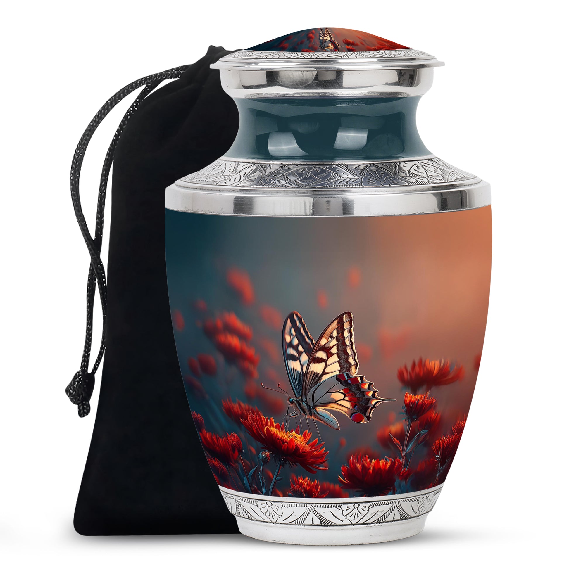 Vivid Blue Butterfly Cremation Urn side profile showing urn shape - stylized abstract butterfly pattern with bold lines - full-size 10 inch 200 cubic inch adult cremation urn