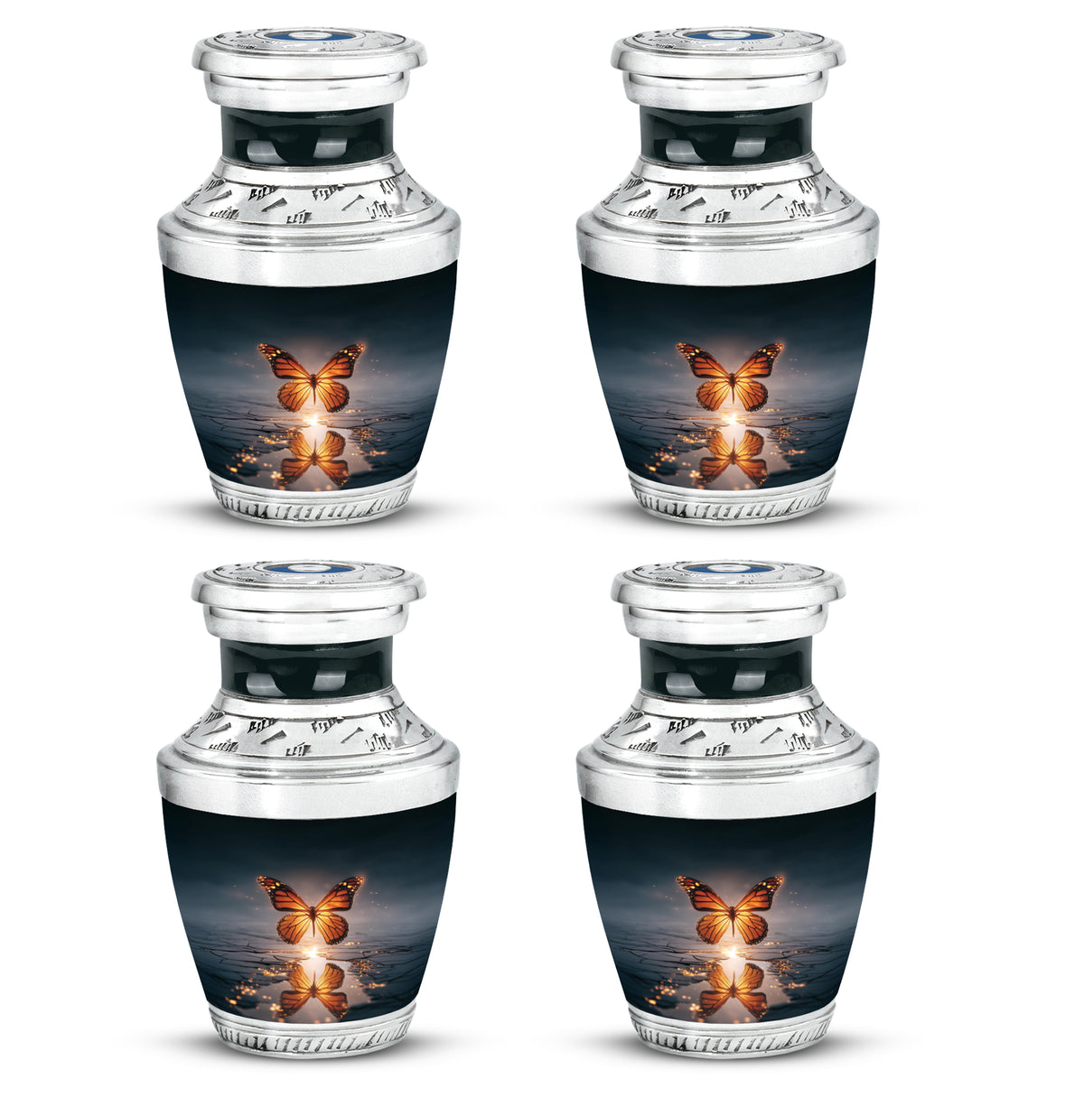Slate Blue Butterfly Cremation Urn back view with polished surface - modern art-inspired butterfly motif on sleek aluminum - 10 inch aluminum urn for cremated remains