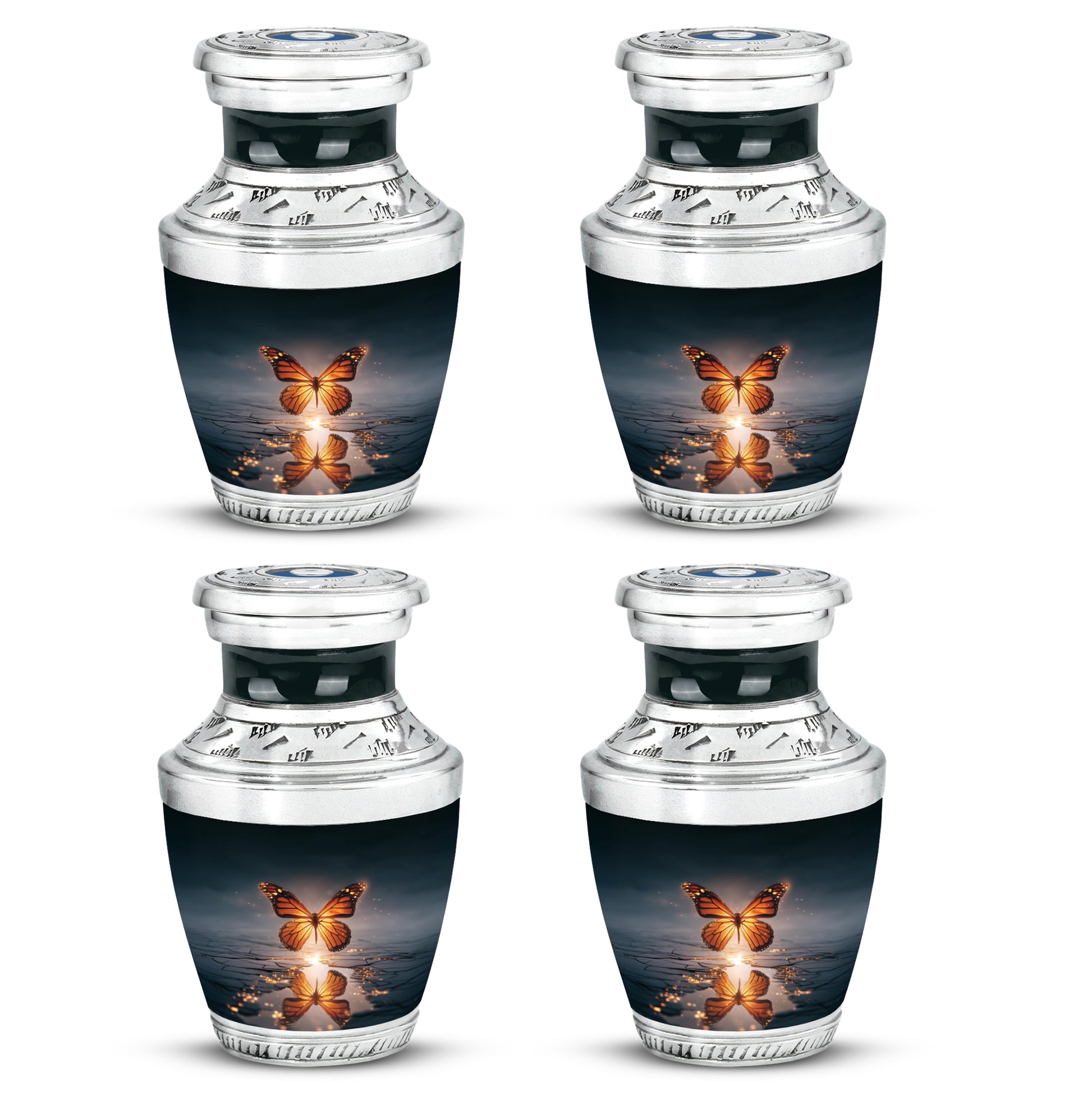 Slate Blue Butterfly Cremation Urn back view with polished surface - modern art-inspired butterfly motif on sleek aluminum - 10 inch aluminum urn for cremated remains